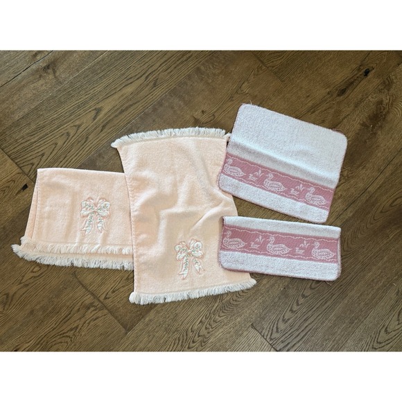 Vintage Other - VTG Peach Ribbon Hand Towels Pink Duck Swan Washcloths Cotton 4pc Set